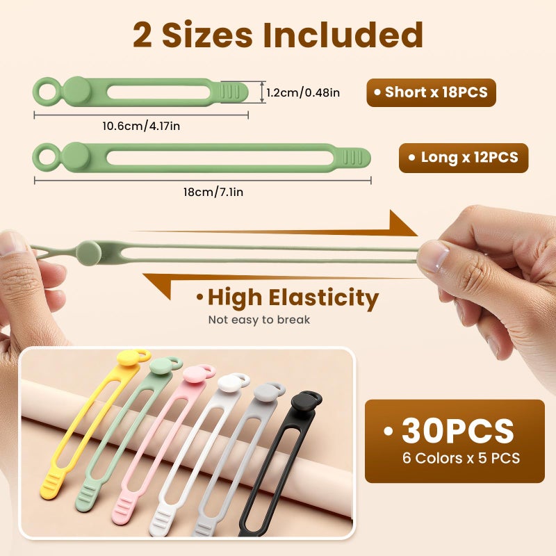 awrose 30 Pcs Silicone Cable Ties, Reusable Data Cable Organizer Wire Organizers For Office, Multipurpose Elastic Cord Wraps Cable Management For Charging Cord,Appliances,Home,Office,Kitchen,School,Travel - Image 2